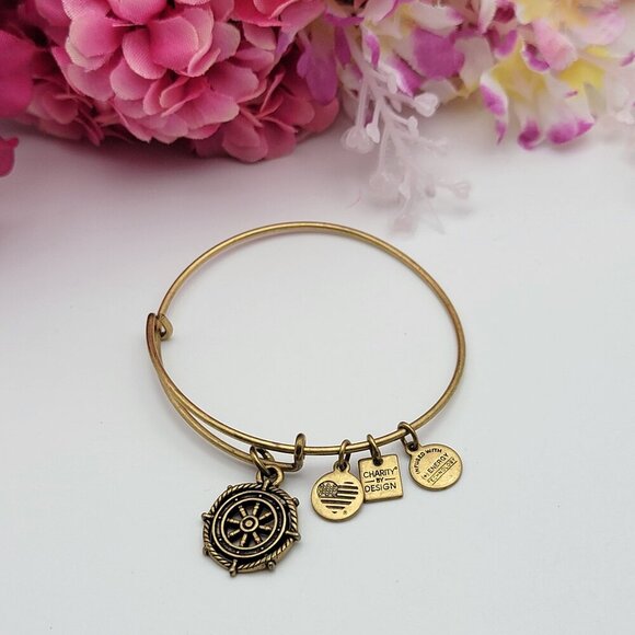 Alex and Ani Jewelry - ALEX AND ANI Take The Wheel Charm Expandable Bangle Bracelet 7" Gold Tone Brass